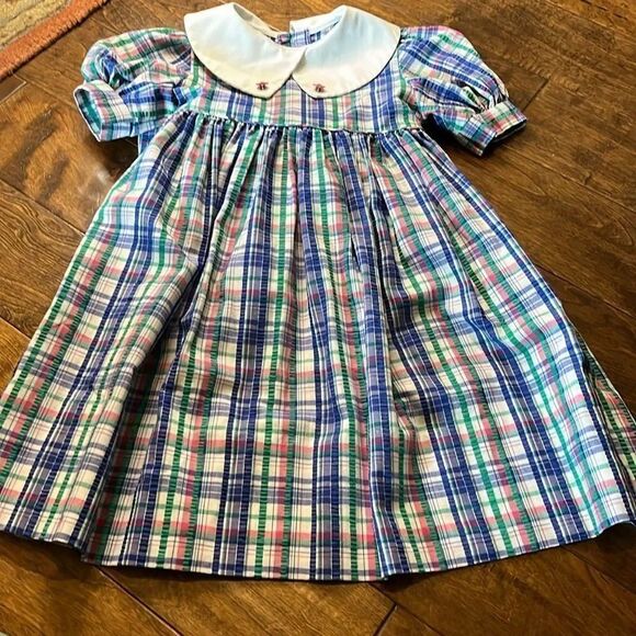 Monday’s Child Blue/Green/Pink Plaid Collared Belted Dress, size 5 - Picture 1 of 10